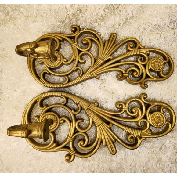 Vintage Home Interiors Ornate Gold Wall Sconces Candle Holders Set Of 2 Baroque - Picture 4 of 8